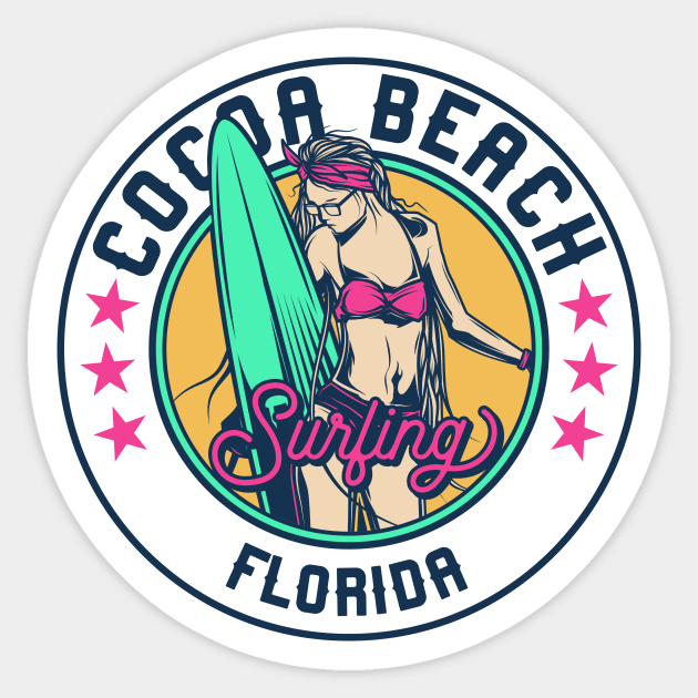 Retro Surfer Babe Badge Cocoa Beach Florida Sticker by Now Boarding